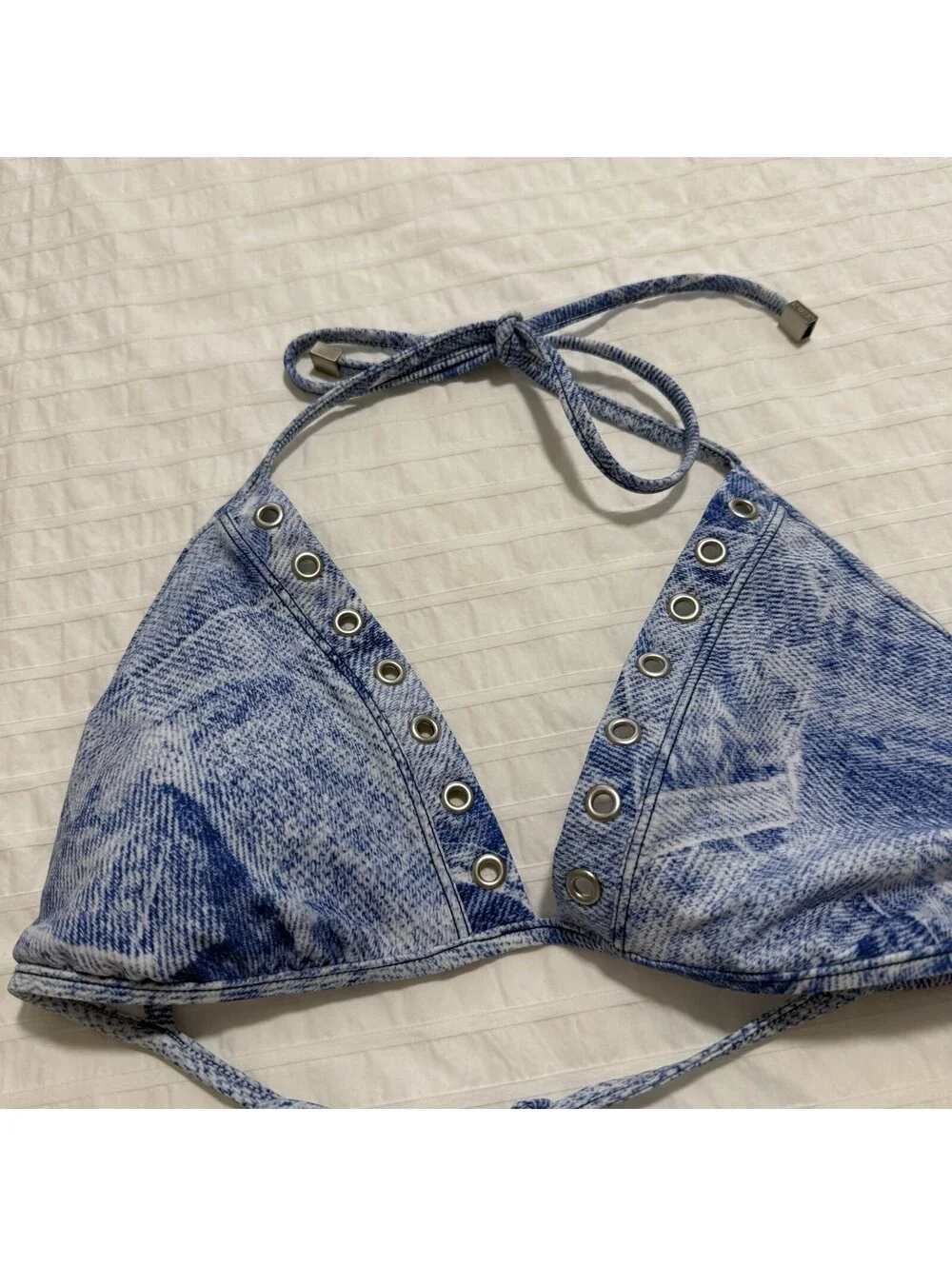 L'AGENCE Annabelle Denim Print Triangle Bikini Top Blue Swim M Medium NWT $185